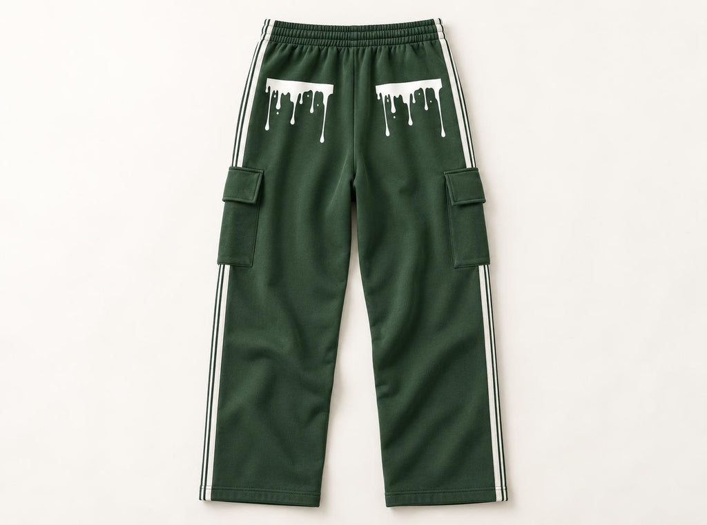 Limited Edition Forest Green Cargo Sweatpants, Palm Tree & Paint Drip, Side Stripe Straight Leg Pants