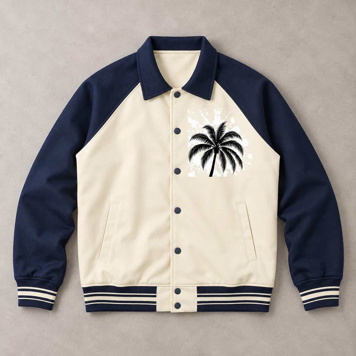 Navy Cream Varsity Jacket, Palm Tree Splatter, God Is Good Letterman Style