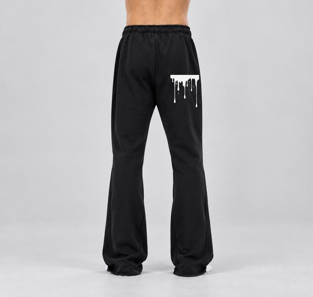 Black Palm Tree Sweatpants, White Paint Drip Graphic, Flared Raw Hem Pants