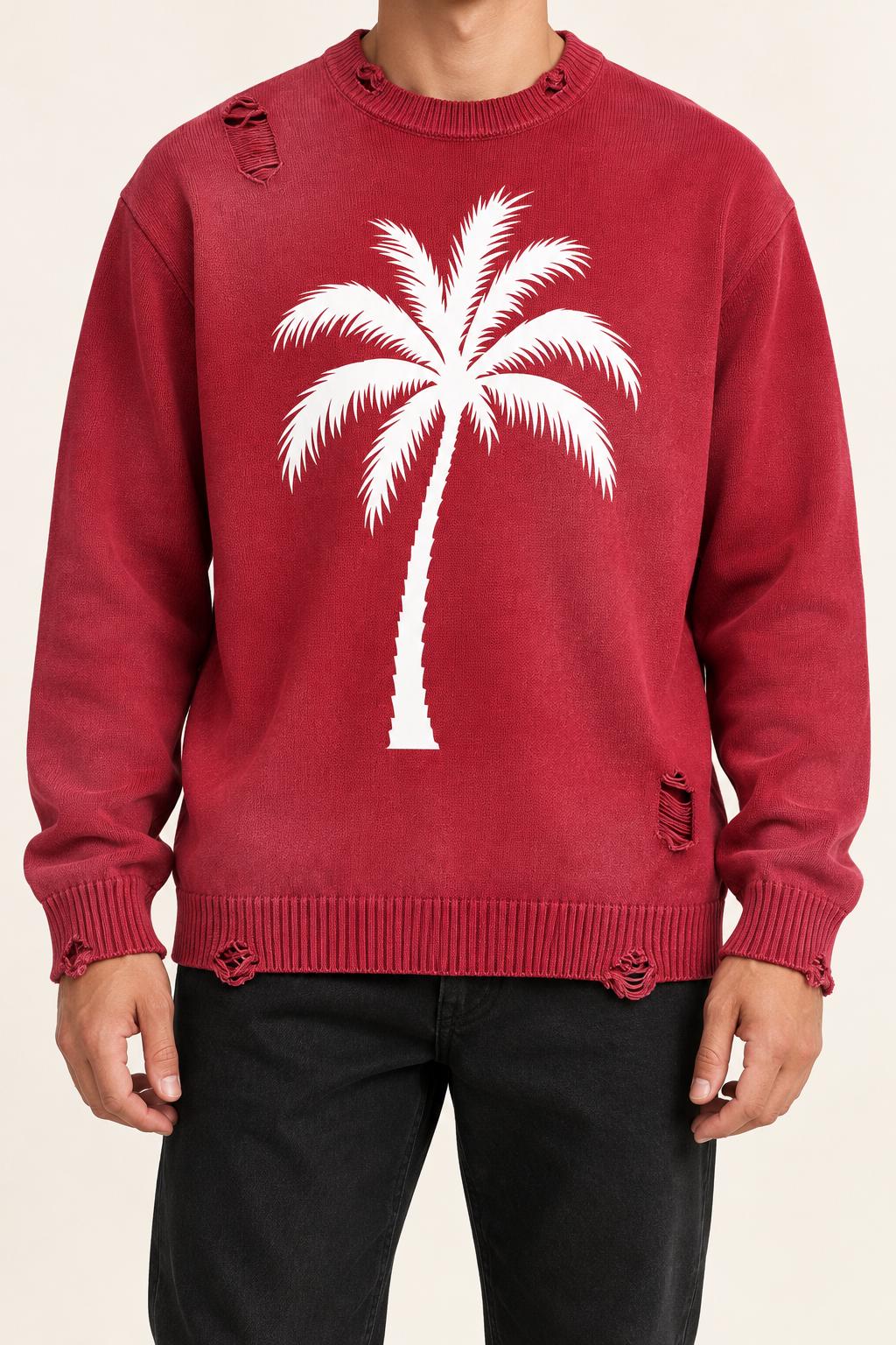 Red Distressed Knit Sweater, Palm Tree, Paint Splatter, Streetwear