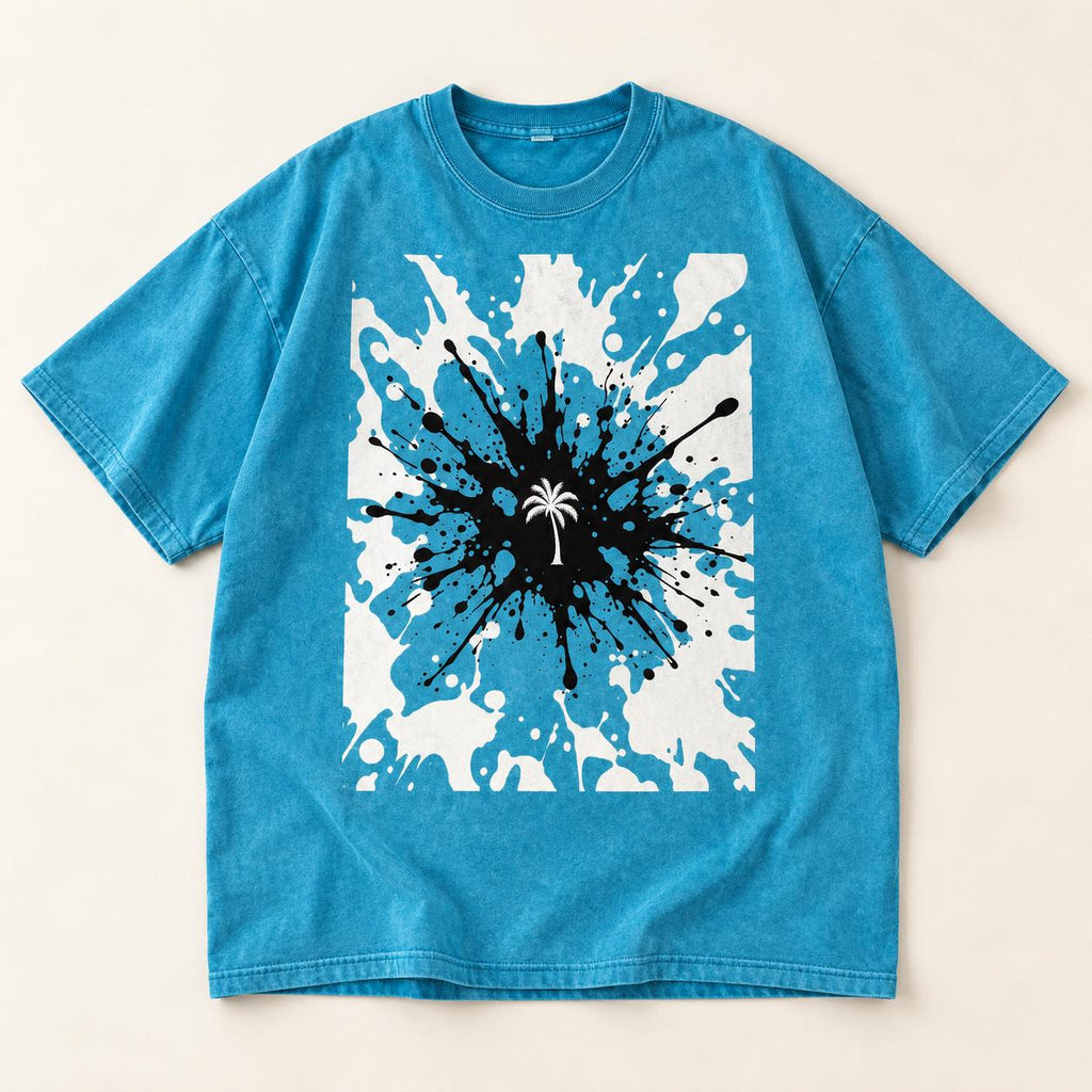 Turquoise Oversized Palm Tree T-Shirt, Snow Washed Cotton, Black White Splatter Print (Unisex)