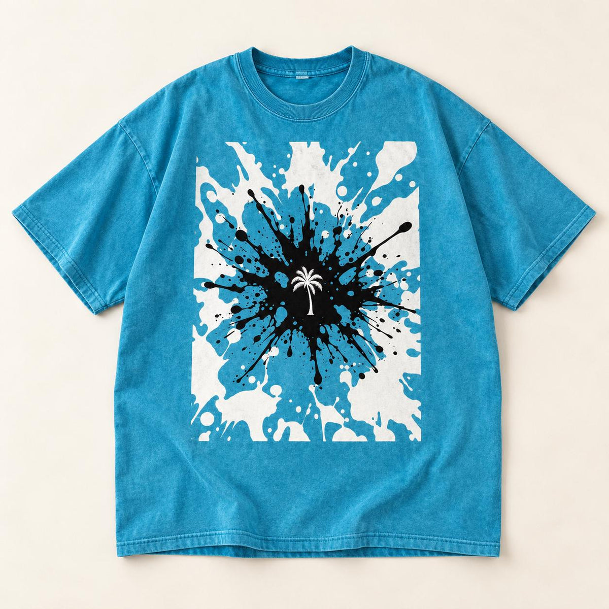 Turquoise Oversized Palm Tree T-Shirt, Snow Washed Cotton, Black White Splatter Print (Unisex)