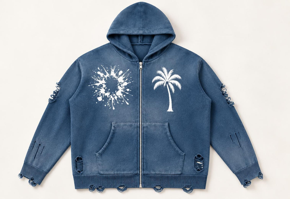 Distressed Blue Knit Zip Hoodie, Palm Tree Splatter Graphics, Christian Streetwear
