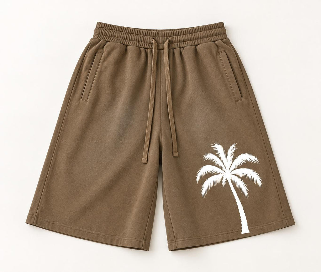 Men's Brown Palm Tree Sweat Shorts, Wide Leg, Paint Splatter Graphic (Cotton Blend)