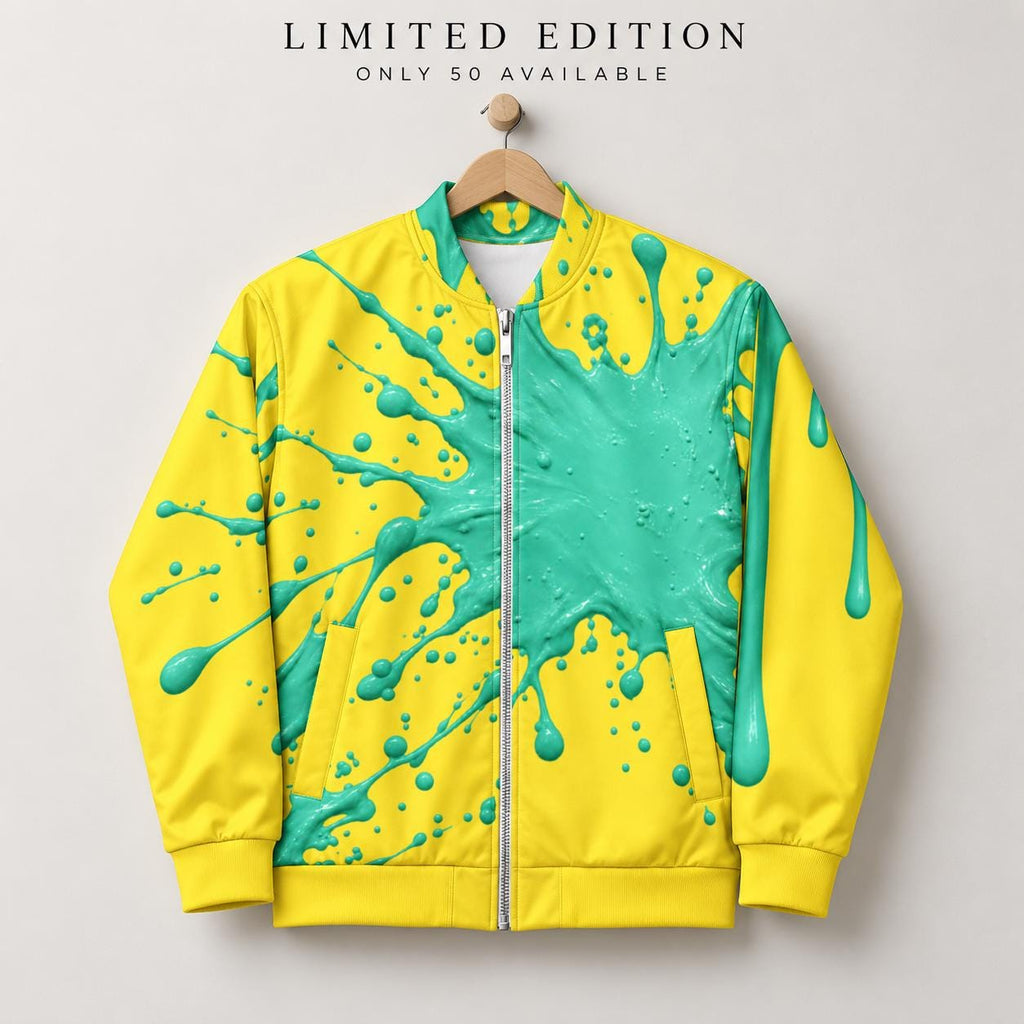 Limited Edition Yellow Bomber Jacket, Mint Green Paint Splatter Print, Zip Front Streetwear