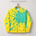 Limited Edition Yellow Bomber Jacket, Mint Green Paint Splatter Print, Zip Front Streetwear
