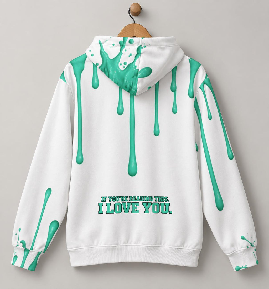 Arctic Green Paint Splatter Hoodie, White Pullover, God Is Good, I Love You Back (Limited Edition)