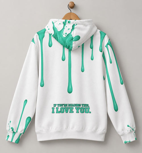 Arctic Green Paint Splatter Hoodie, White Pullover, God Is Good, I Love You Back (Limited Edition)