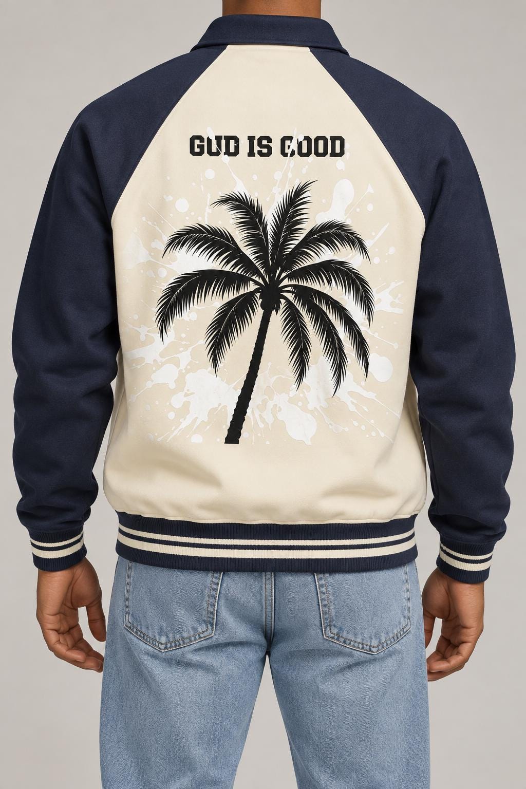 Navy Cream Varsity Jacket, Palm Tree Splatter, God Is Good Letterman Style
