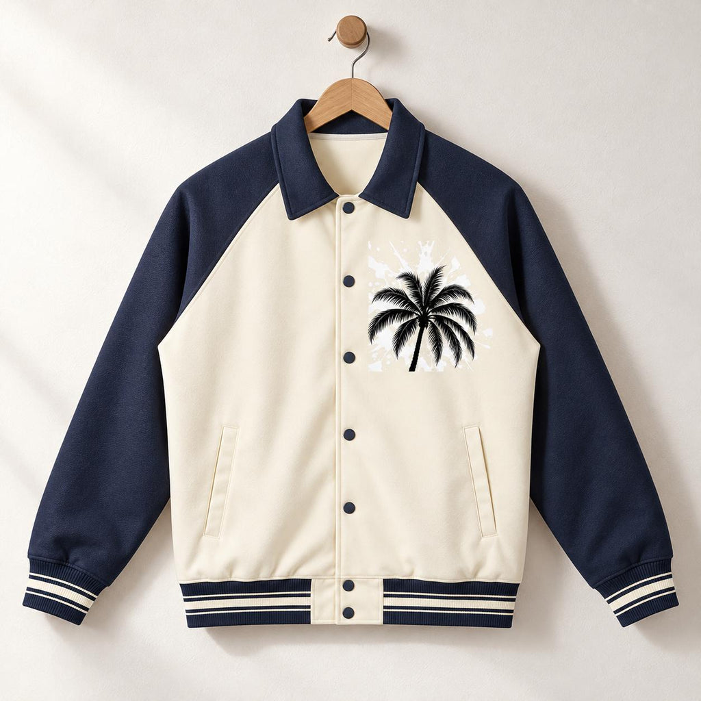 Navy Cream Varsity Jacket, Palm Tree Splatter, God Is Good Letterman Style