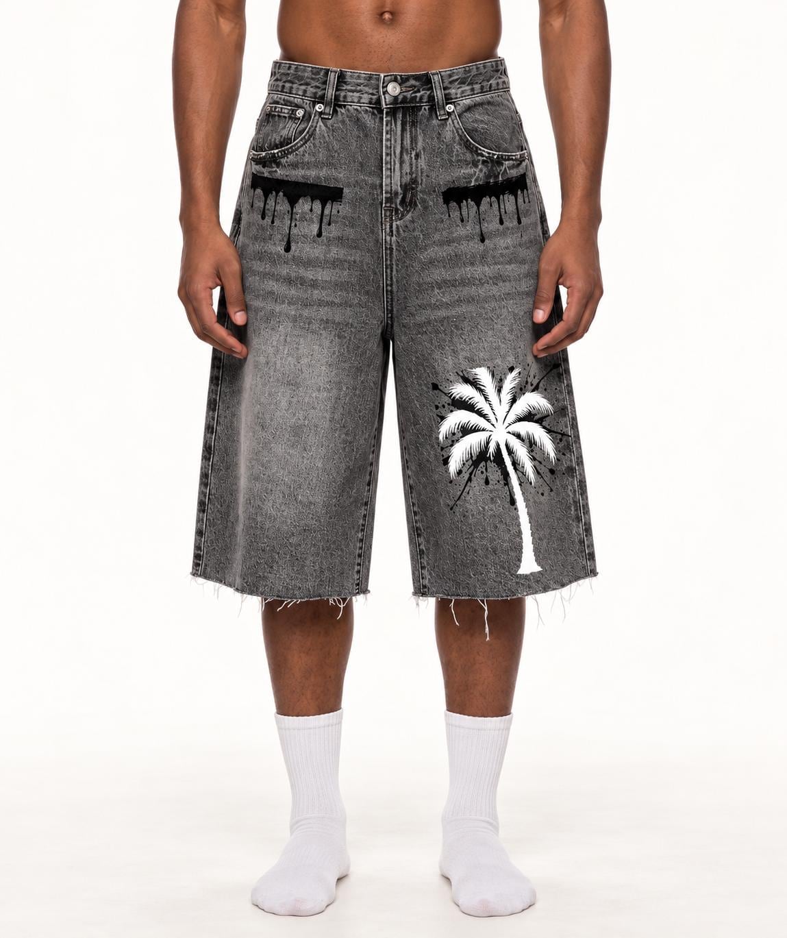 Washed Black Denim Bermuda Shorts, Palm Tree Paint Drip Graphics, God Is Good
