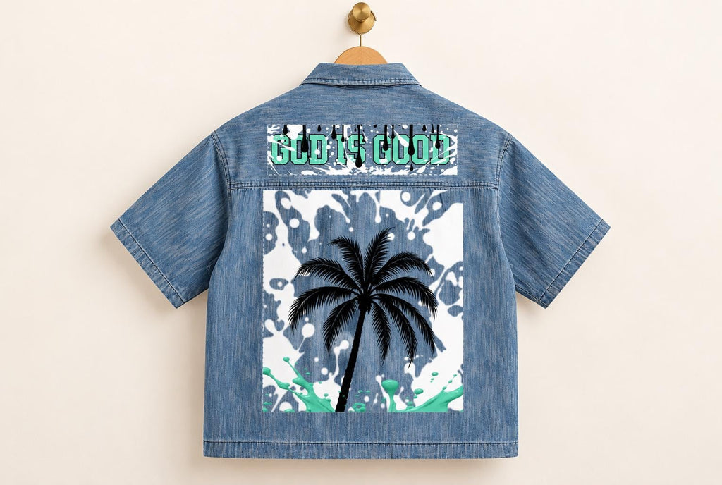 Limited Edition Denim Shirt, Palm Tree Paint Splatter, Distressed Blue (20 Available)