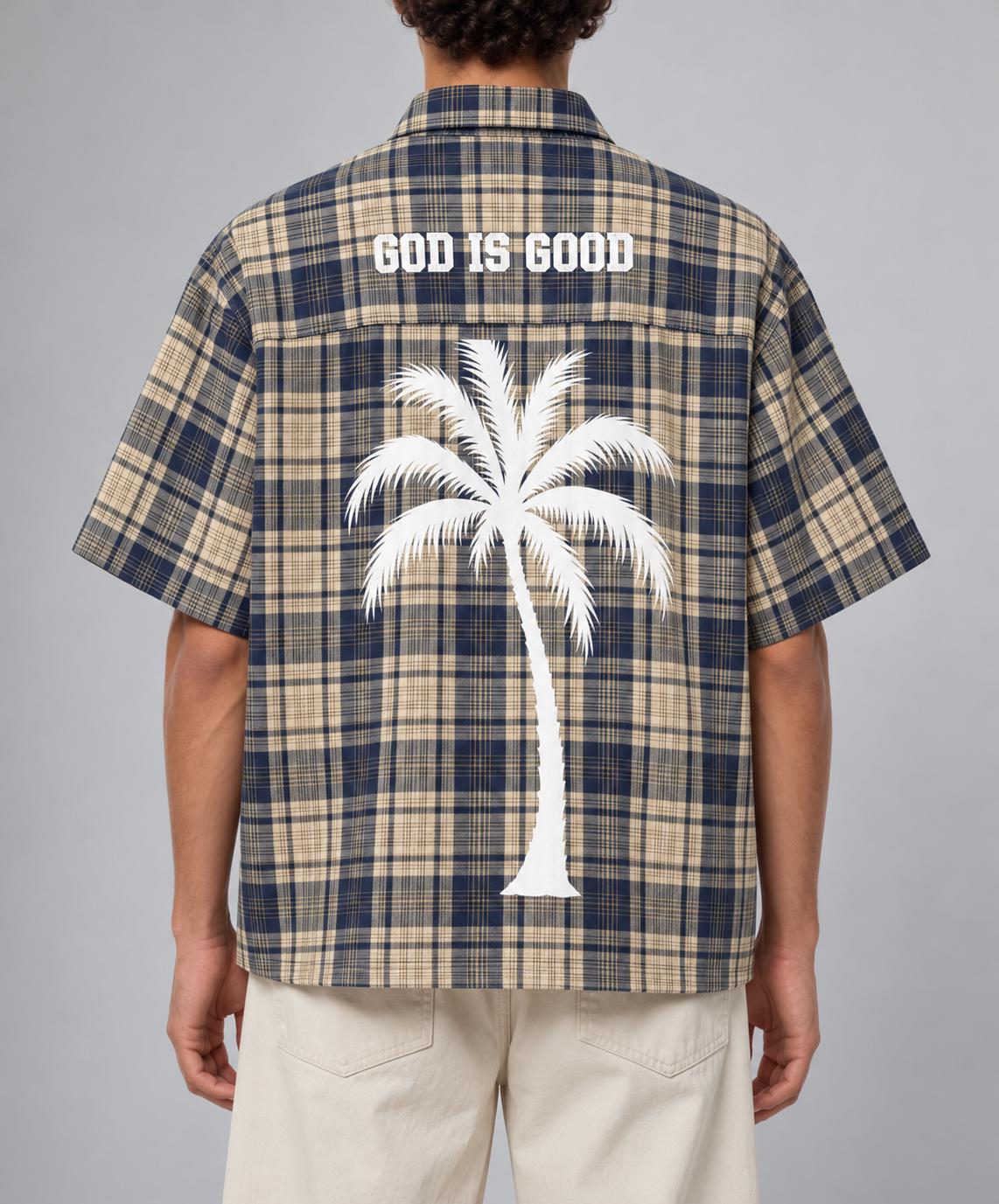 Navy Cream Plaid Button-Up Shirt, Palm Tree Graphic, Oversized Streetwear