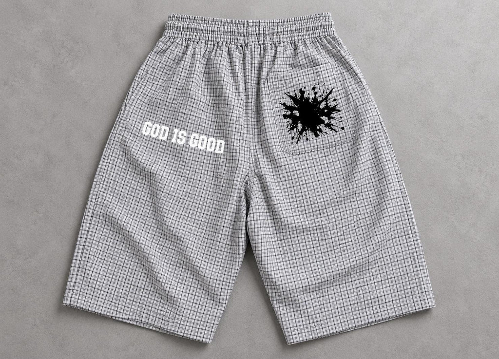 White Plaid Palm Tree Bermuda Shorts, God Is Good Graphic, Drawstring Waist