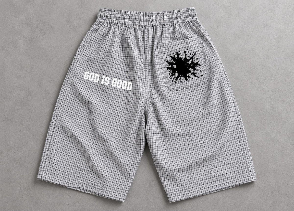 White Plaid Palm Tree Bermuda Shorts, God Is Good Graphic, Drawstring Waist