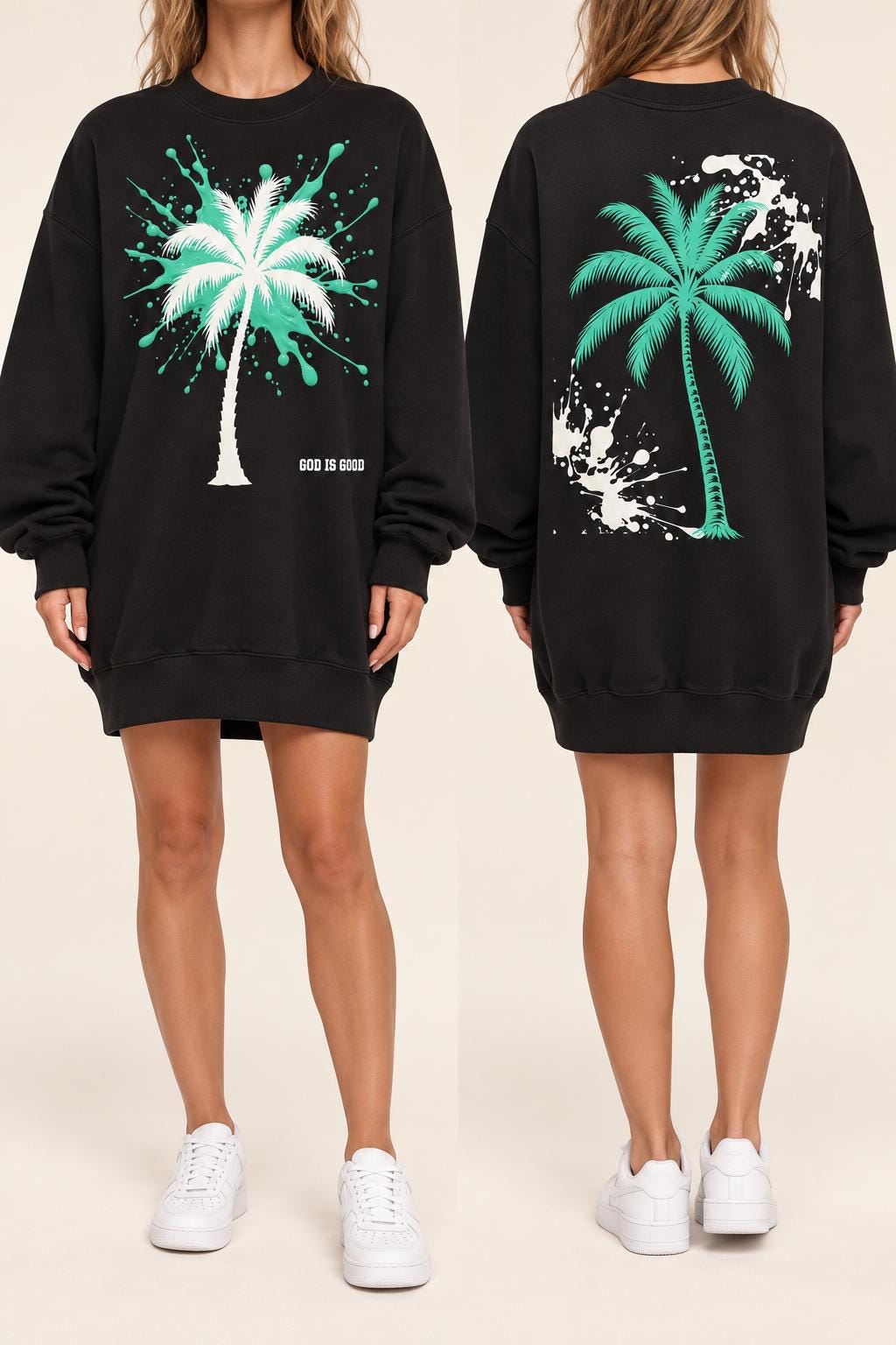 God Is Good Oversized Sweatshirt Dress, Black Mint Palm Tree Graphic, Women's Long Crewneck, Limited Edition