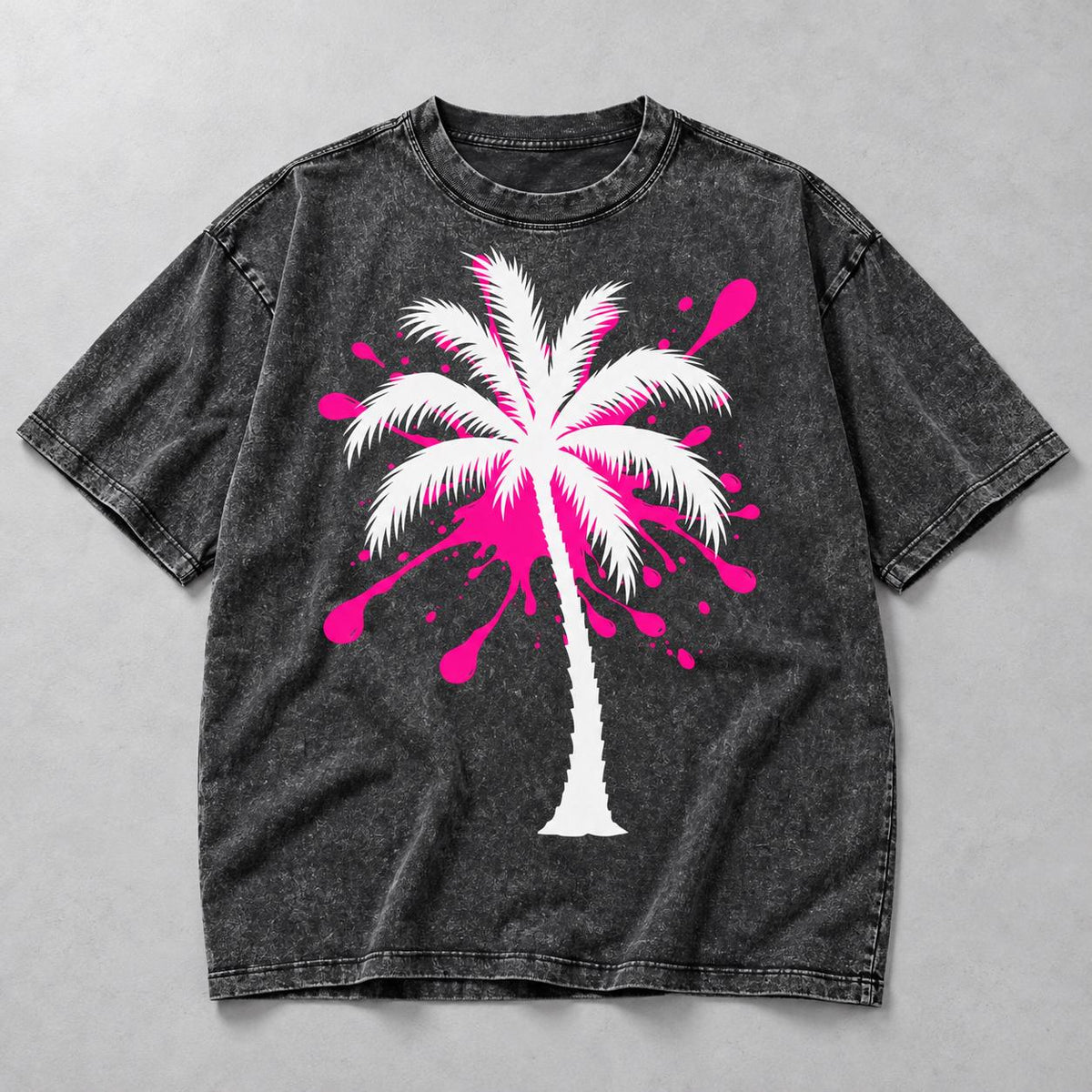 Oversized Washed Charcoal Palm Tree Tee, Pink Splatter, God Is Good (Graphic T-Shirt)