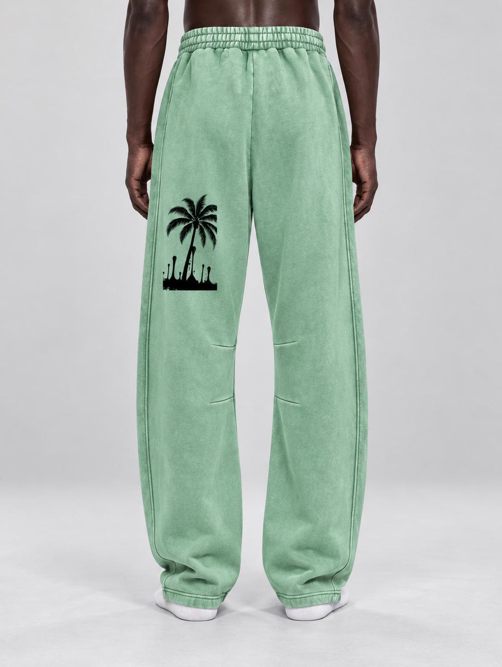 Mint Green Paint Splatter Sweatpants, Palm Tree Graphic, Relaxed Wide Leg Pants