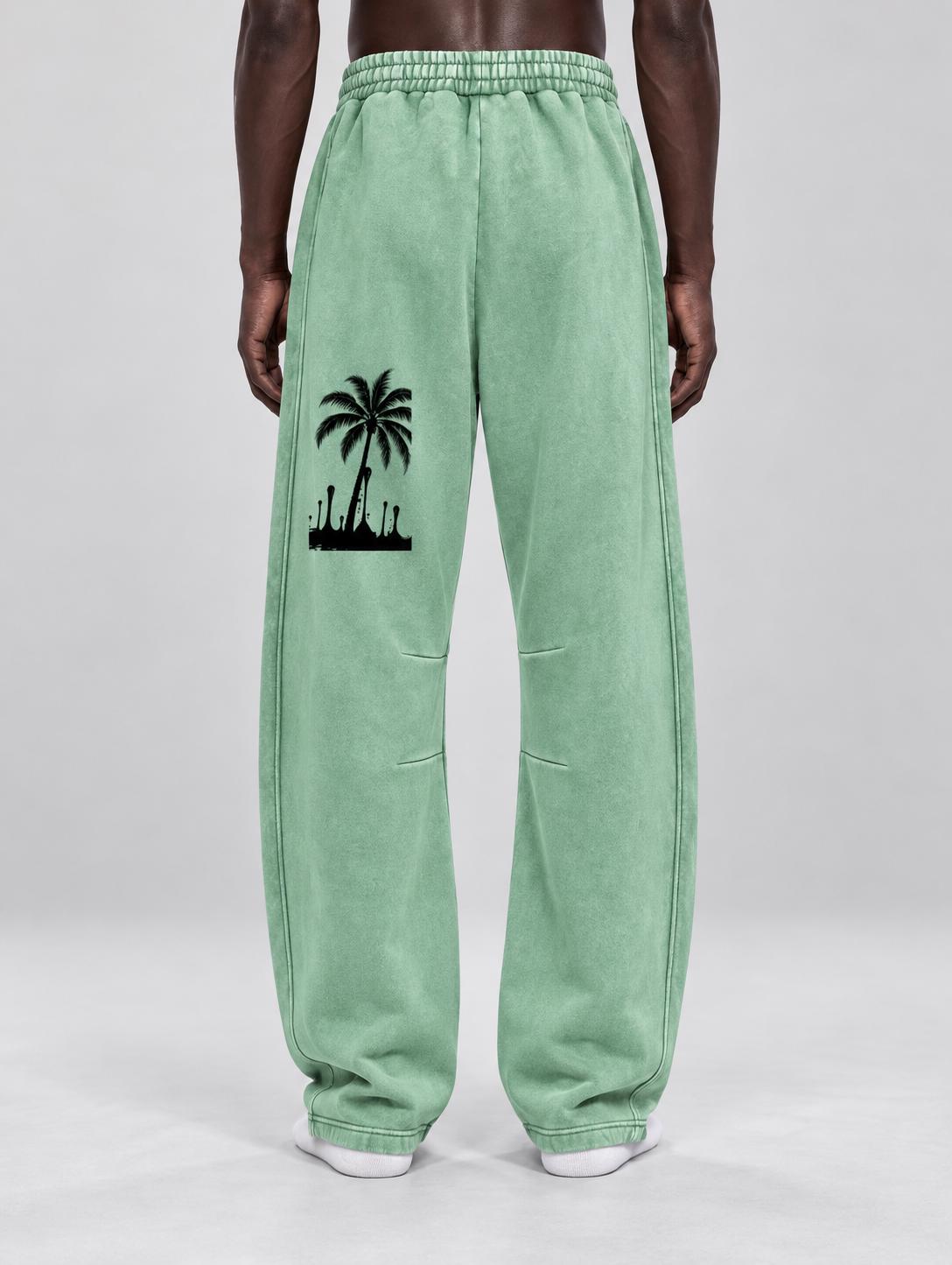 Mint Green Paint Splatter Sweatpants, Palm Tree Graphic, Relaxed Wide Leg Pants