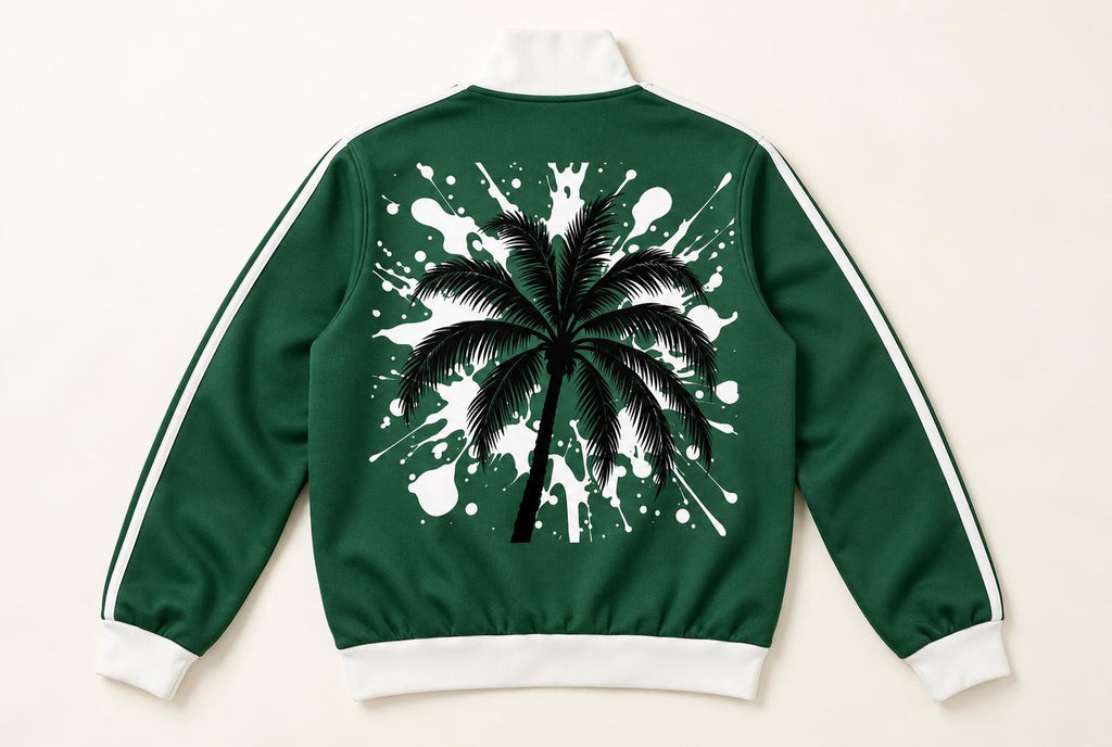 Limited Edition Forest Green Track Jacket, Palm Tree Paint Splatter Art (20 Available)