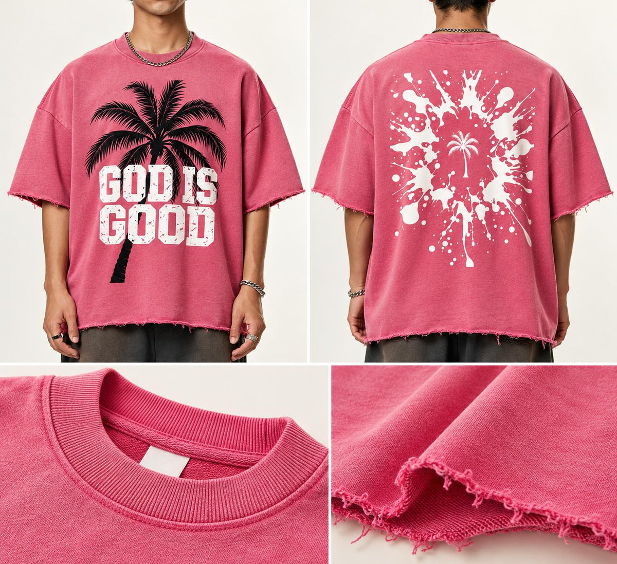 Pink Oversized Palm Tree T-Shirt, Washed Christian Streetwear, Frayed Hem Tee