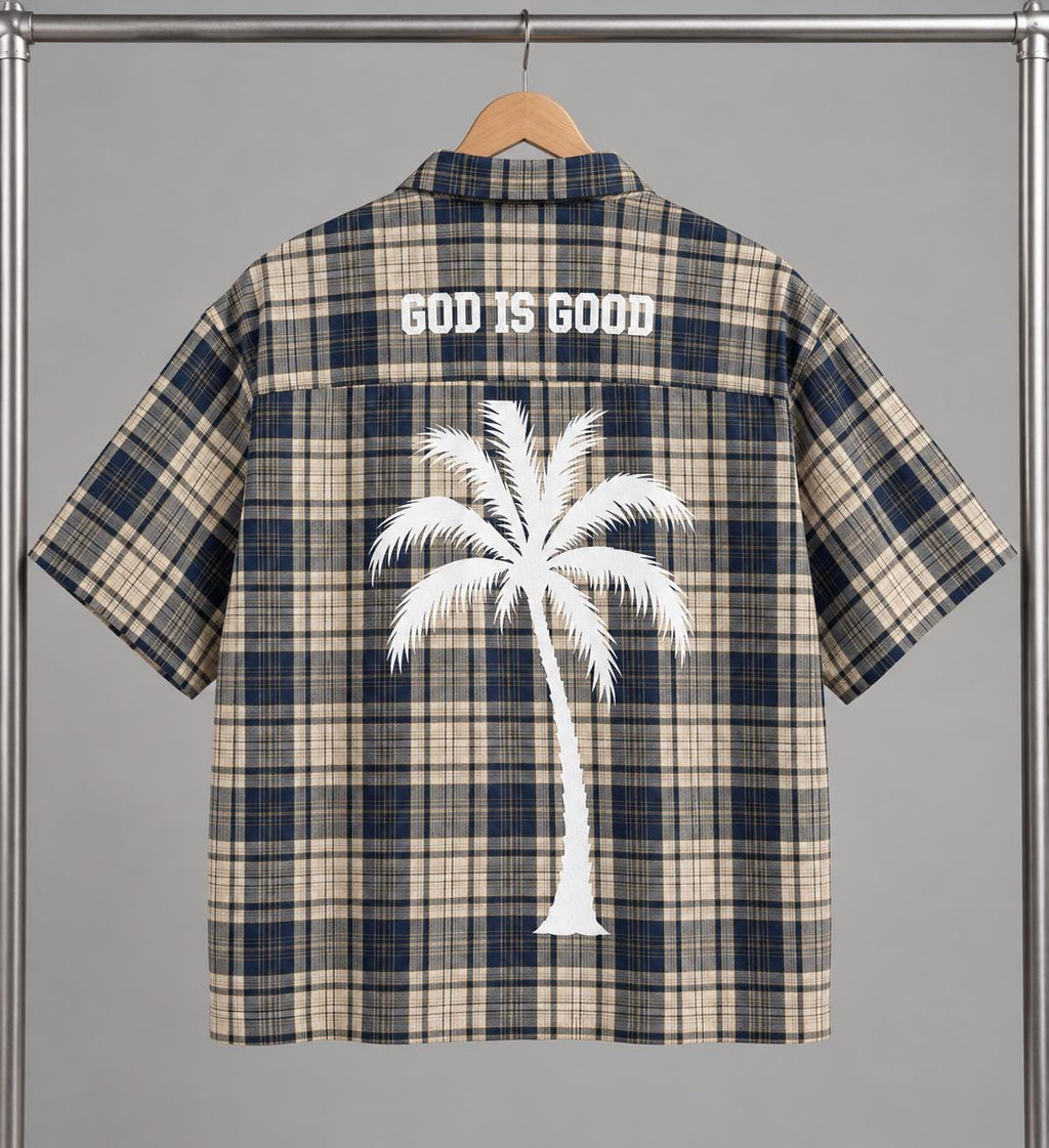 Navy Cream Plaid Button-Up Shirt, Palm Tree Graphic, Oversized Streetwear