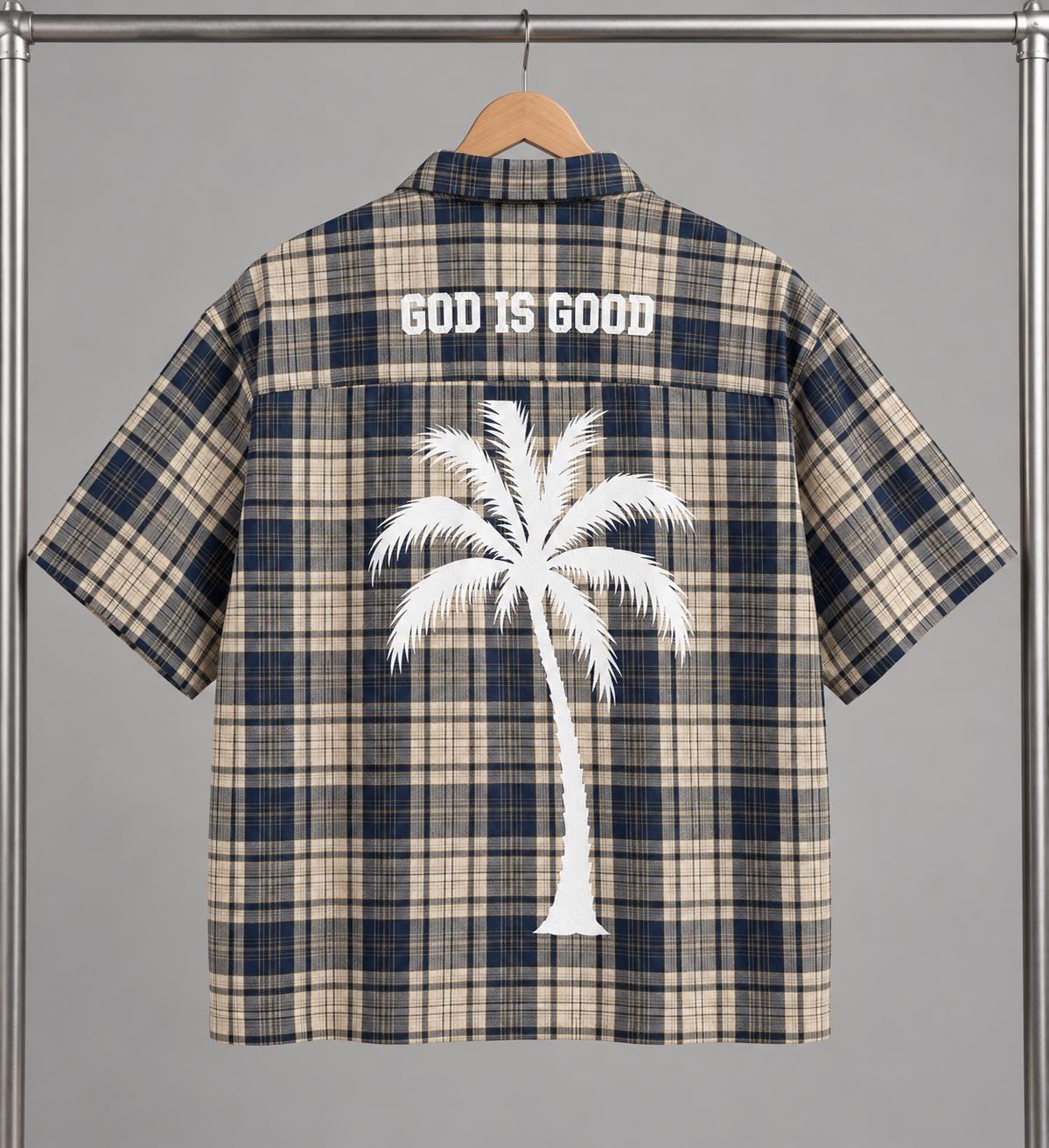 Navy Cream Plaid Button-Up Shirt, Palm Tree Graphic, Oversized Streetwear