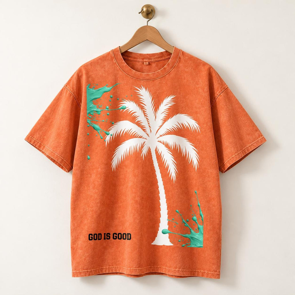 Washed Orange Palm Tree T-Shirt, Oversized Graphic Tee, Faith Statement Print