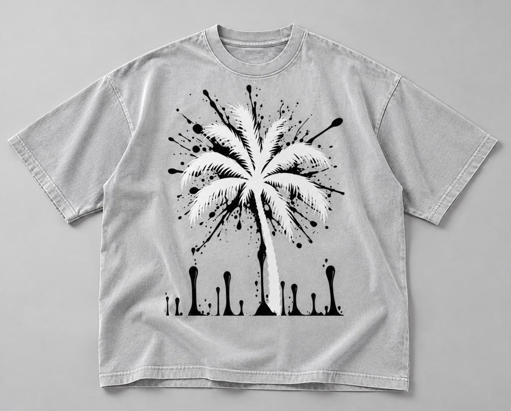 Oversized Gray T-Shirt, Palm Tree Paint Splatter, Faith Streetwear