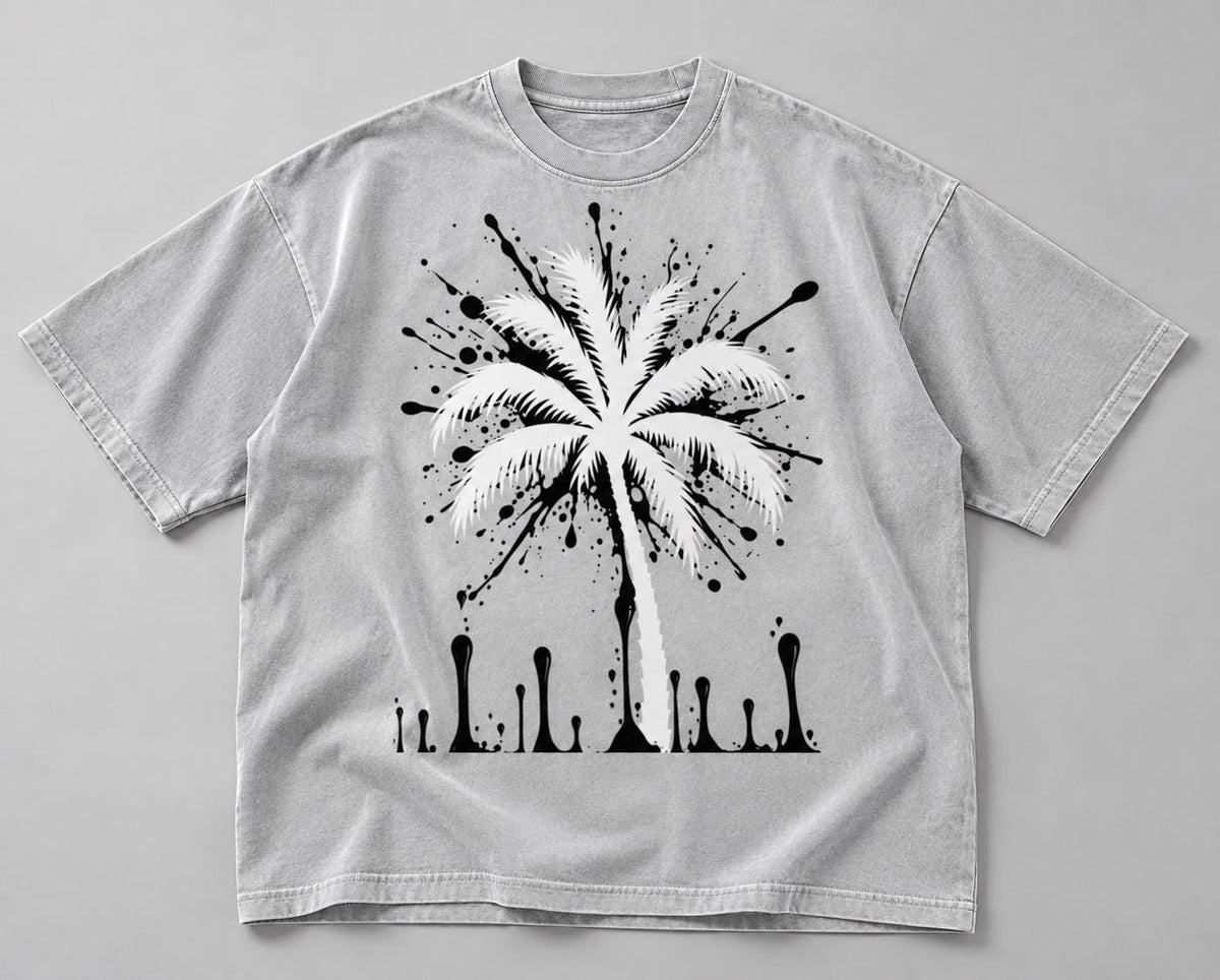 Oversized Gray T-Shirt, Palm Tree Paint Splatter, Faith Streetwear
