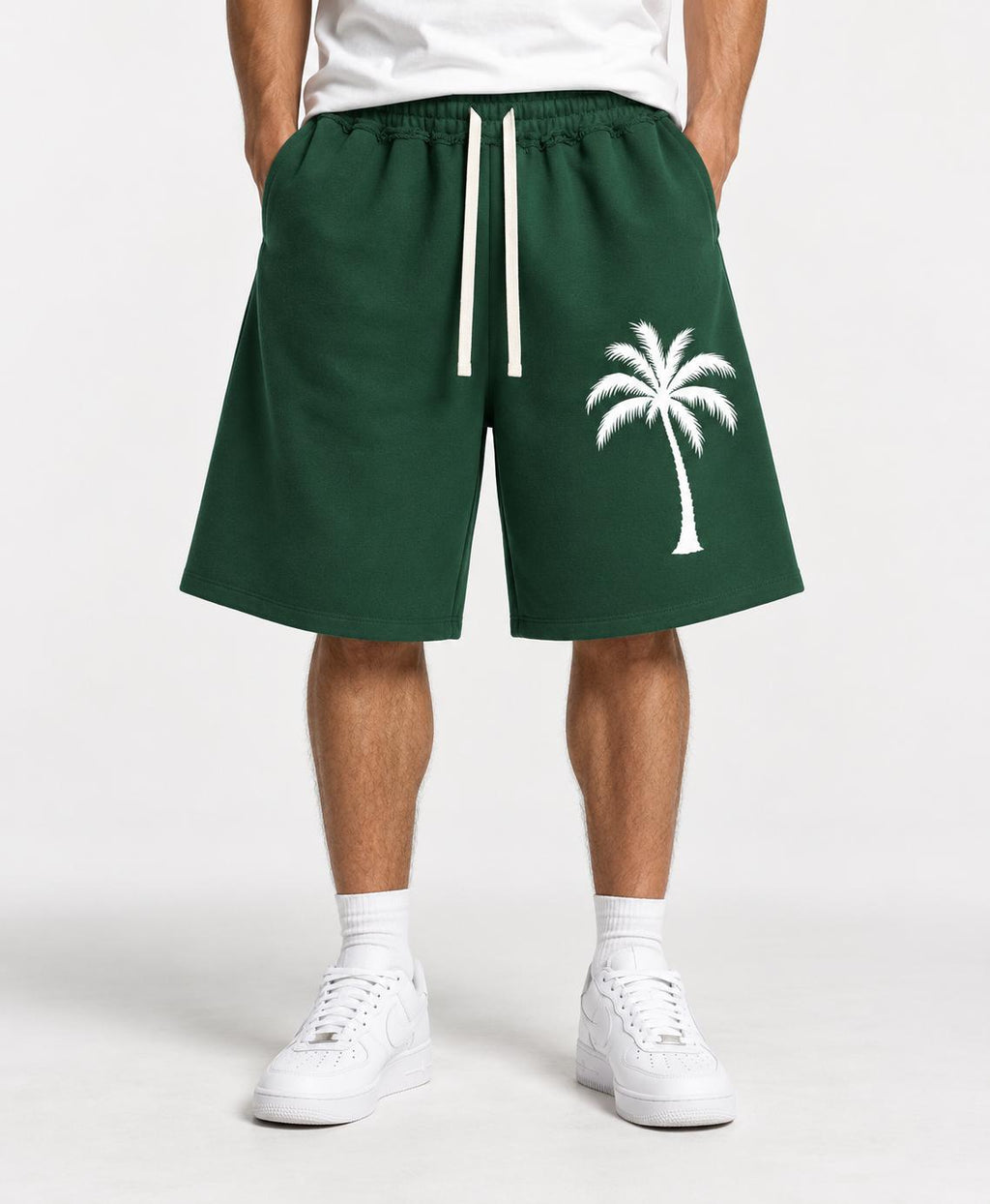 Forest Green Palm Tree Sweat Shorts, White Paint Splatter Graphic, Relaxed Fit