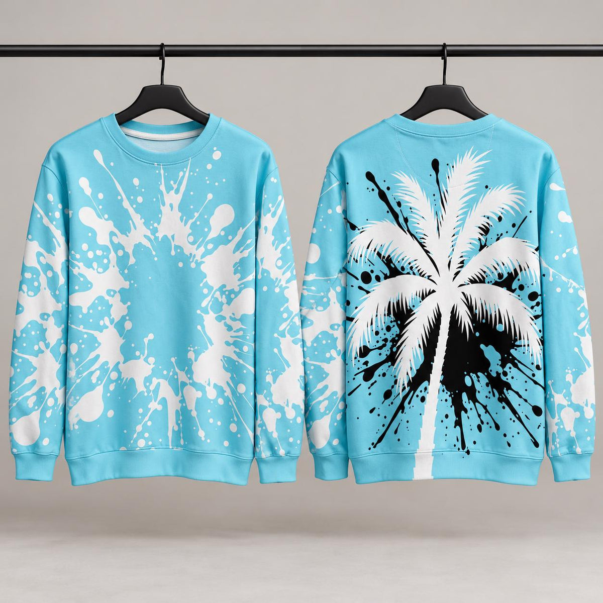 Limited Edition Teal Palm Tree Sweatshirt, White & Black Paint Splatter Crewneck, Only 50 Worldwide