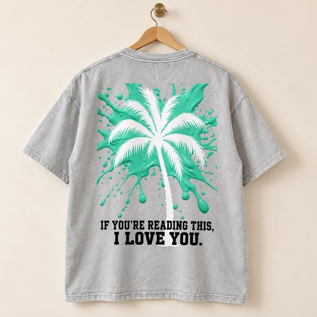 Oversized Palm Tree T-Shirt, Snow Washed Cotton, Mint Paint Drip Design (Unisex)