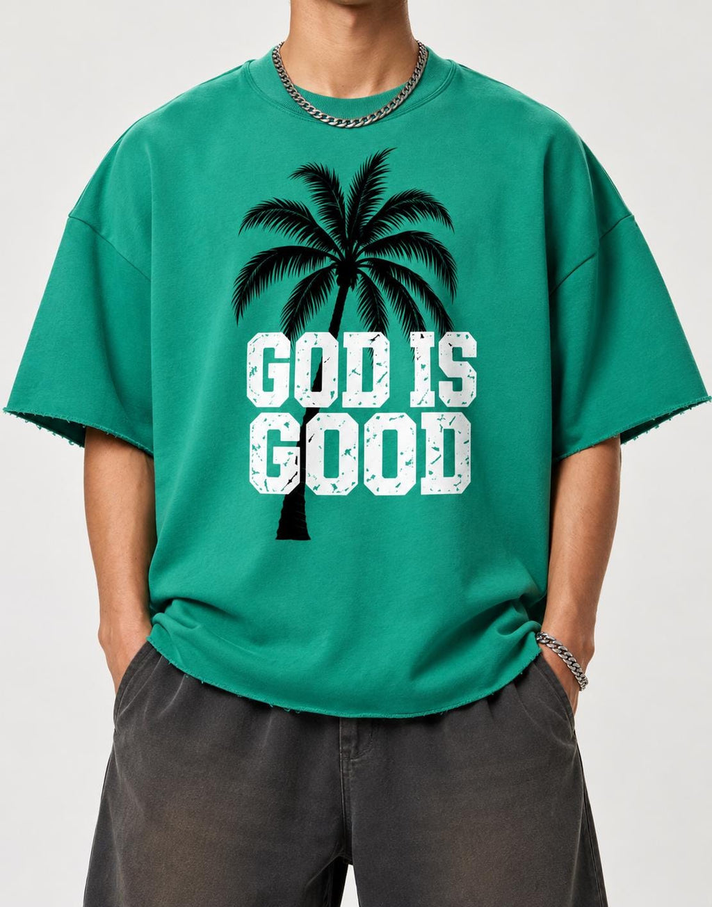 Green Oversized Palm Tree T-Shirt, Distressed "God Is Good" Lettering, Christian Streetwear