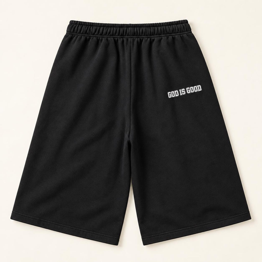 Men's Black Palm Tree Bermuda Shorts, God Is Good Graphic, Baggy Wide Leg