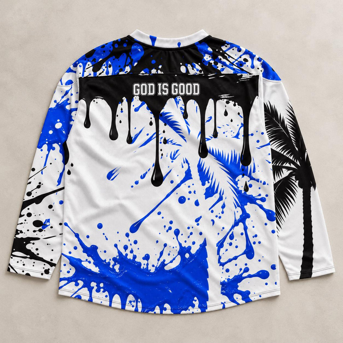 Limited Edition 88 Hockey Jersey, Royal Blue Paint Splatter, Palm Tree Graphic, God Is Good Shears