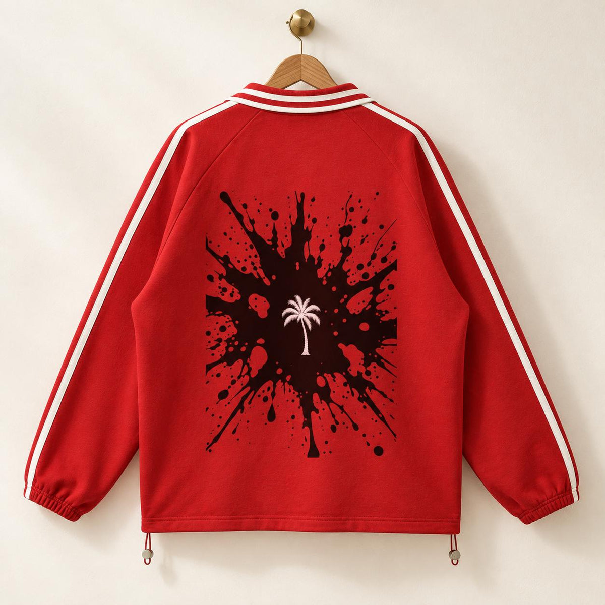Red Palm Tree Rugby Pullover, Striped Collar, Paint-Splatter Back (Long Sleeve)