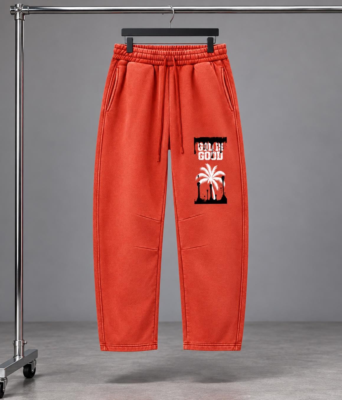 God Is Good Red Orange Sweatpants, Palm Tree Graphic Pants, Relaxed Wide Leg Streetwear