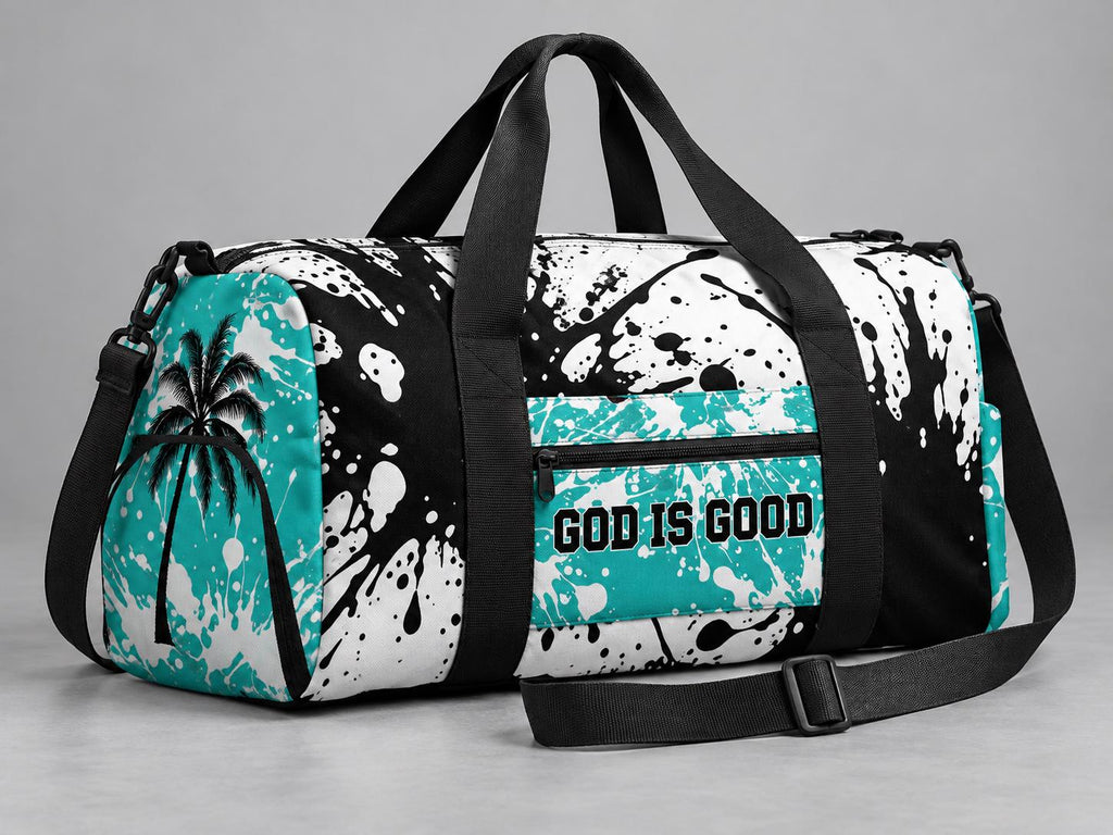 Limited Edition Teal Palm Tree Duffel Bag – Paint Splatter, Faith-Inspired Gym Bag