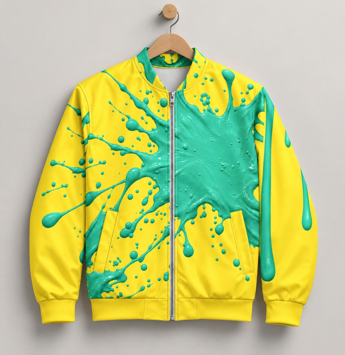 Limited Edition Yellow Bomber Jacket, Mint Green Paint Splatter Print, Zip Front Streetwear
