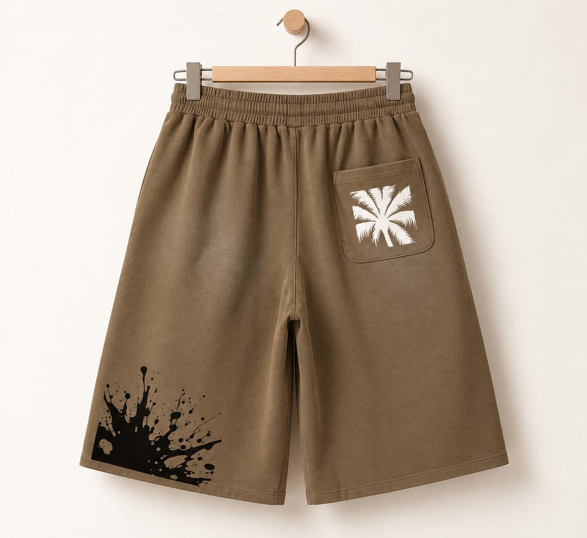 Men's Brown Palm Tree Sweat Shorts, Wide Leg, Paint Splatter Graphic (Cotton Blend)
