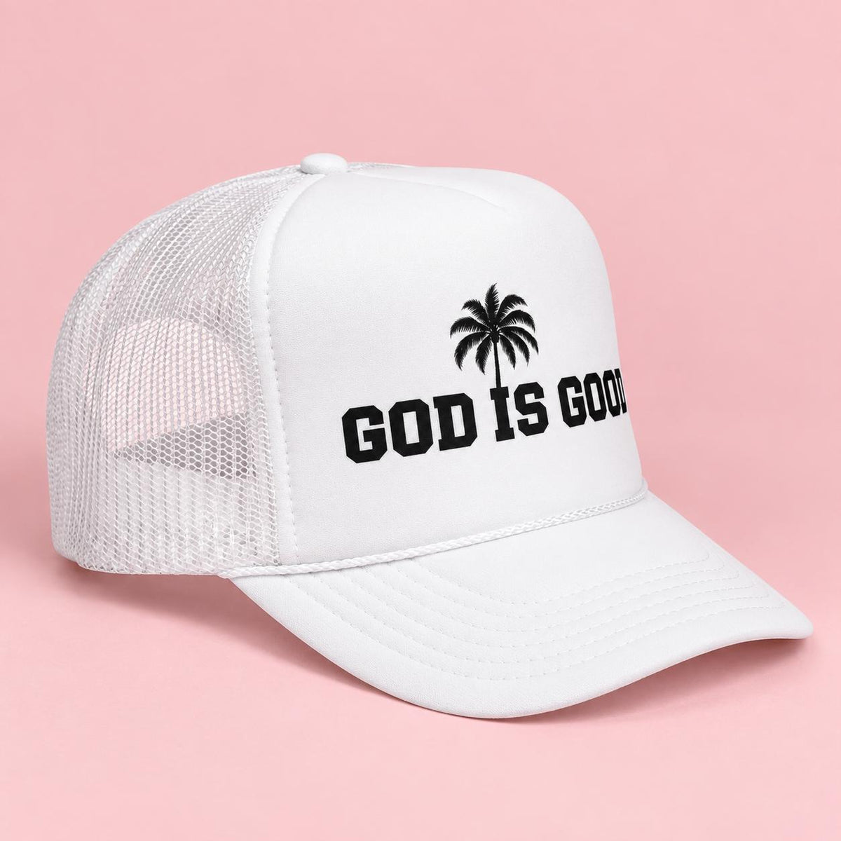 God Is Good White Trucker Hat, Black Palm Tree Graphic