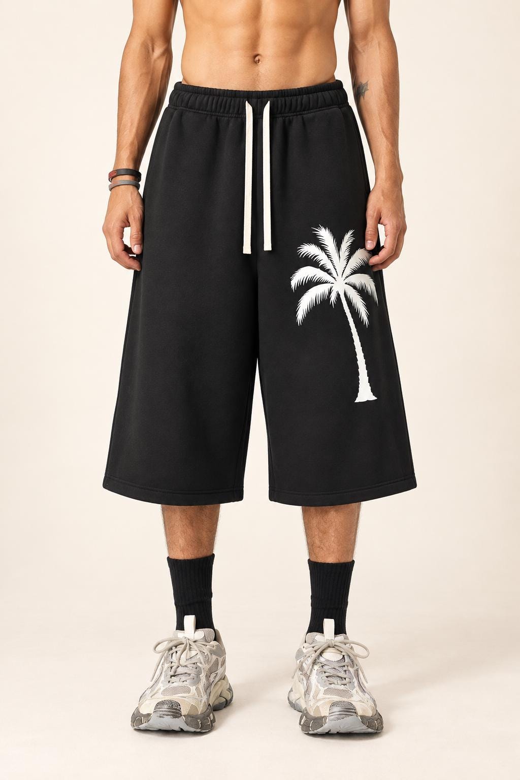 Men's Black Palm Tree Bermuda Shorts, God Is Good Graphic, Baggy Wide Leg
