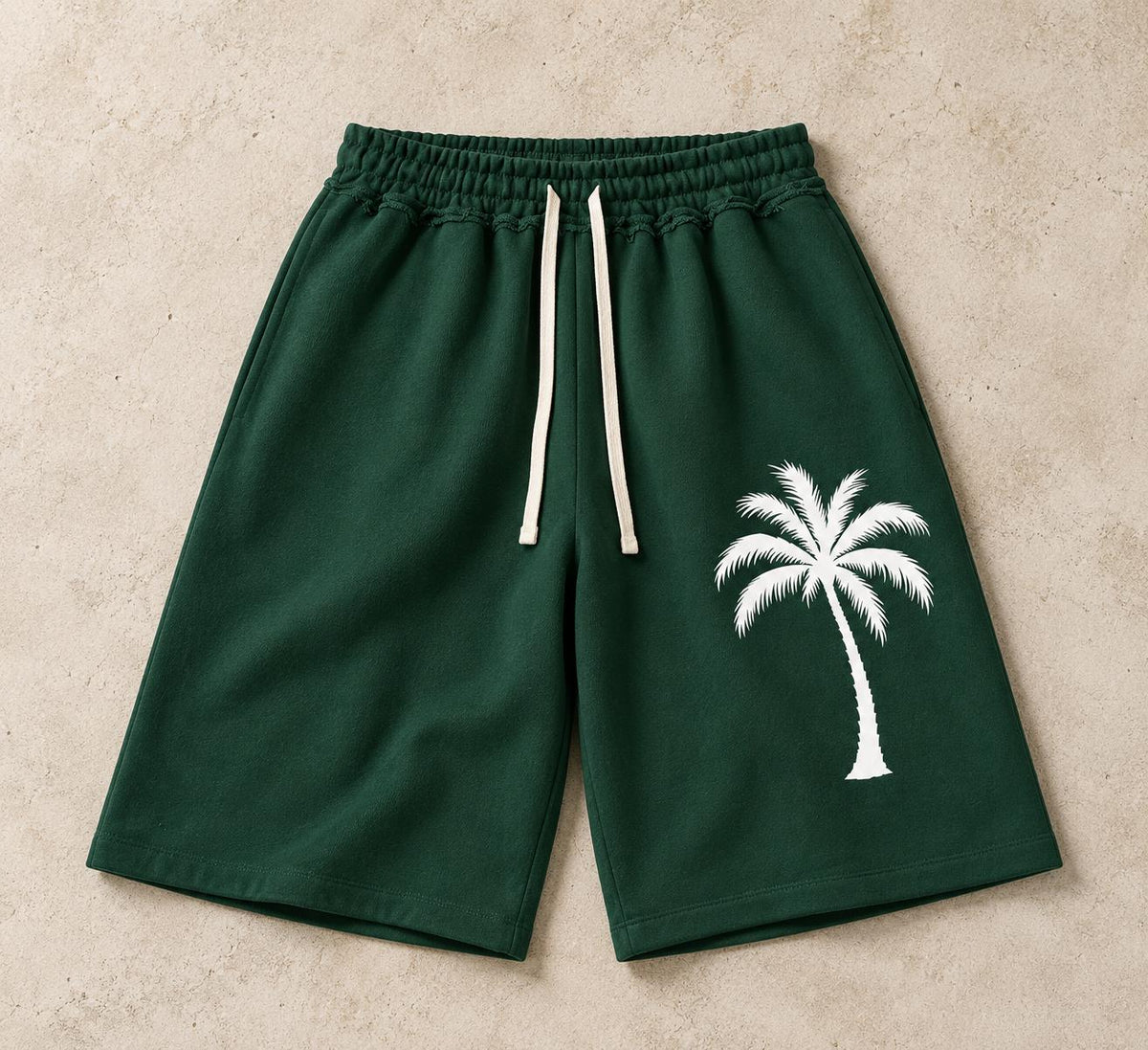 Forest Green Palm Tree Sweat Shorts, White Paint Splatter Graphic, Relaxed Fit