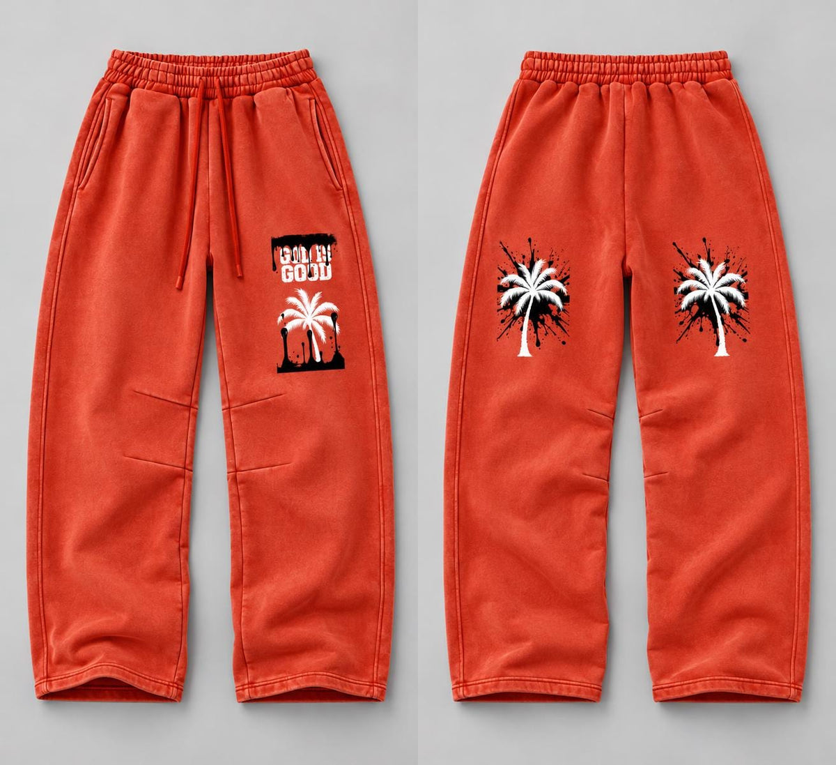 God Is Good Red Orange Sweatpants, Palm Tree Graphic Pants, Relaxed Wide Leg Streetwear