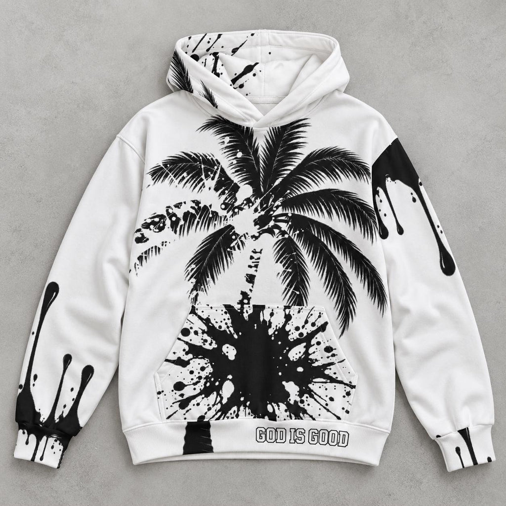 Limited Edition White Palm Tree Hoodie with Black Paint Splatter Drip Print, God Is Good Message