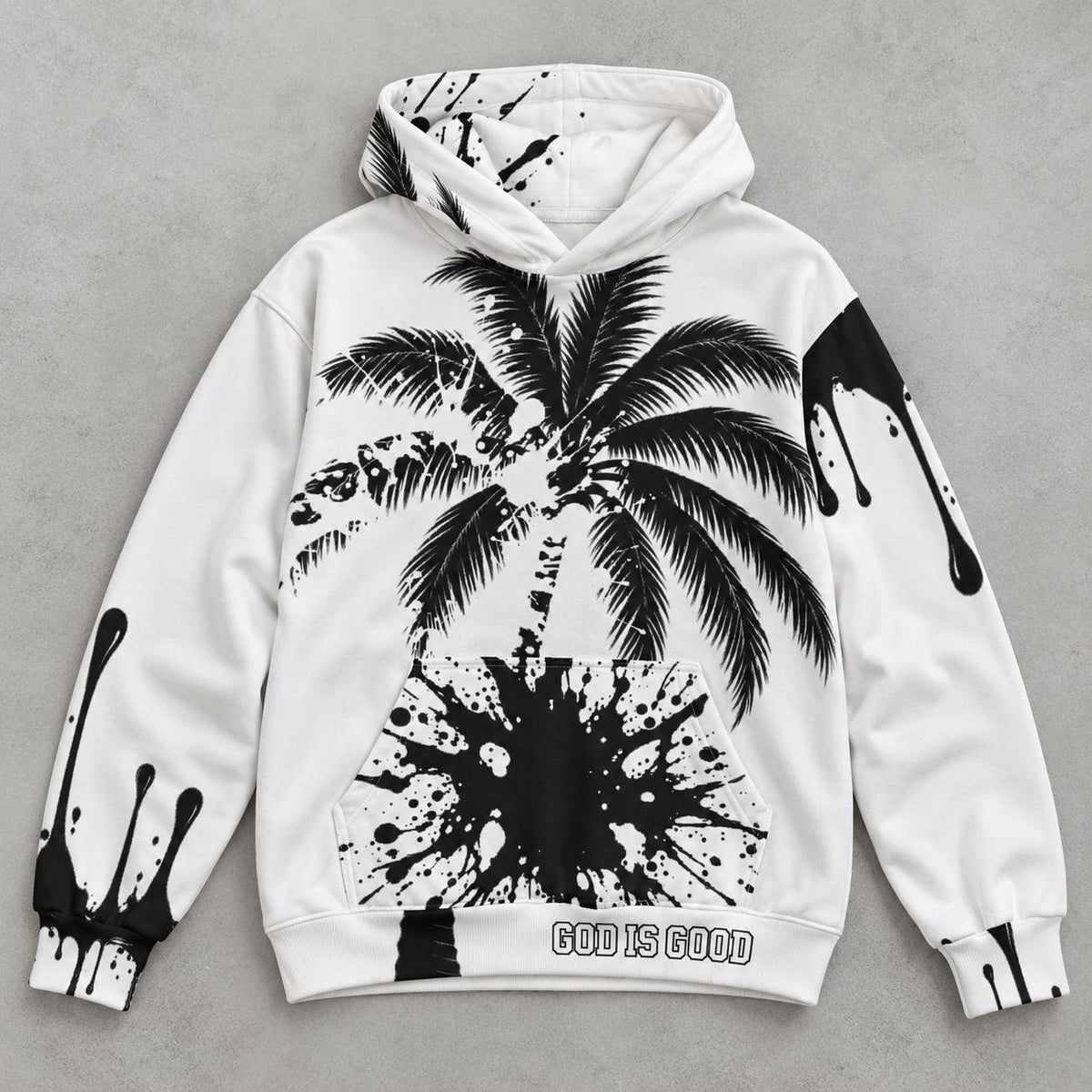 Limited Edition White Palm Tree Hoodie with Black Paint Splatter Drip Print, God Is Good Message