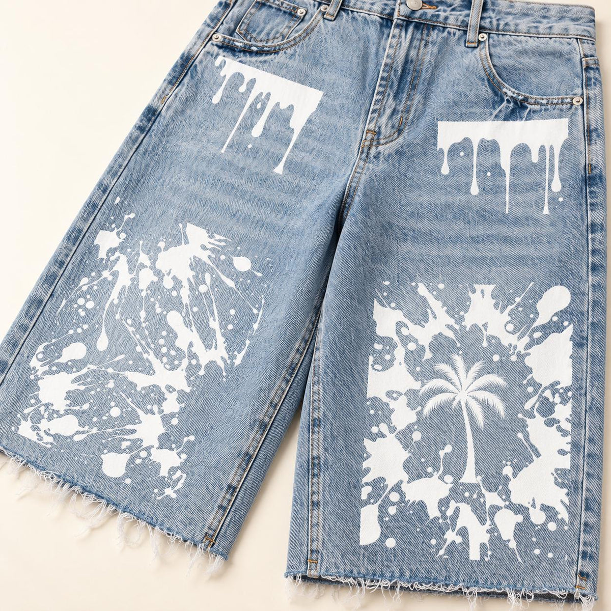 Men's Light Wash Denim Bermuda Shorts, Paint Splatter Palm Tree Graphics, Raw Hem Jorts