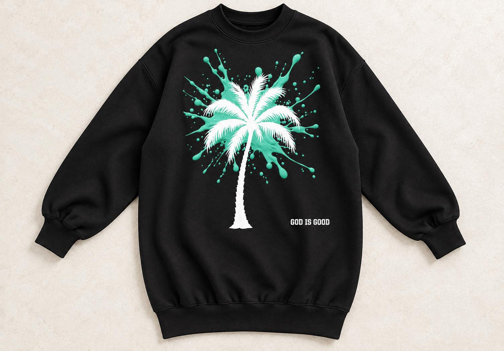 God Is Good Oversized Sweatshirt Dress, Black Mint Palm Tree Graphic, Women's Long Crewneck, Limited Edition