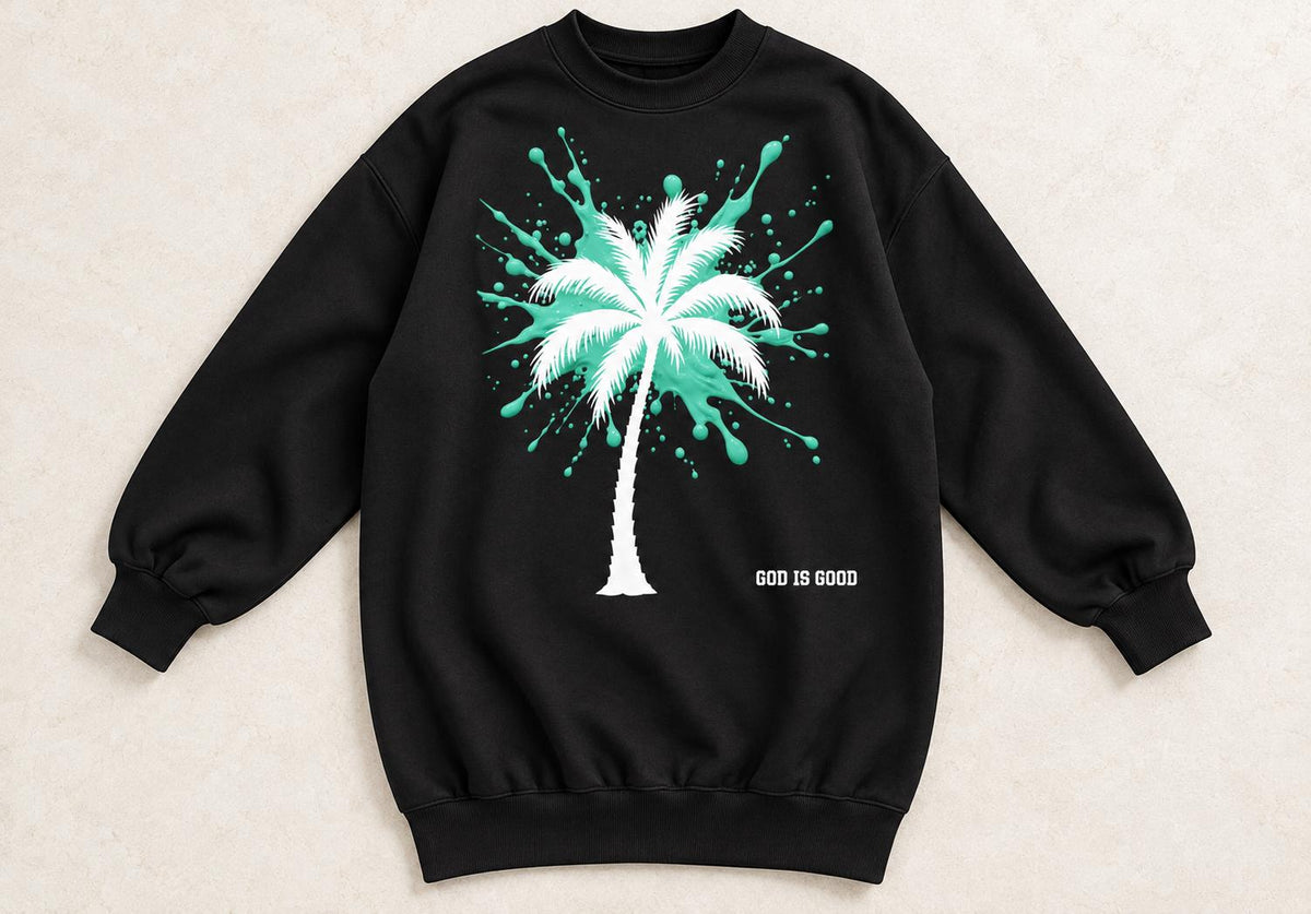 God Is Good Oversized Sweatshirt Dress, Black Mint Palm Tree Graphic, Women's Long Crewneck, Limited Edition